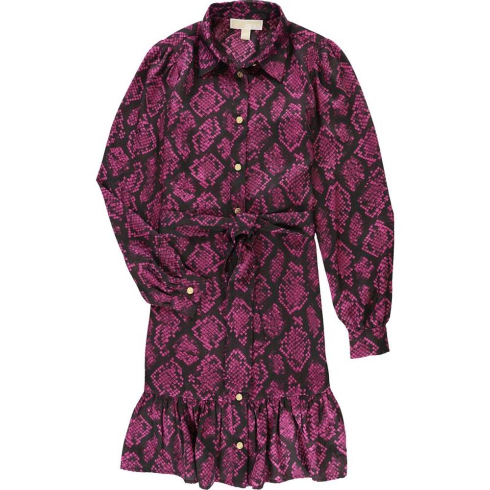 Michael Kors Womens Belted Snakeskin Tie Waist Shirt Ruffled Mini Dress, NWT